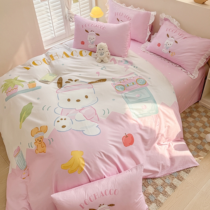 91家纺网 家纺一手货源 找家纺 玉元坊 2025新款大版三丽鸥系列全棉纯棉床单纯棉床裙三四件套简约款 活力帕恰狗