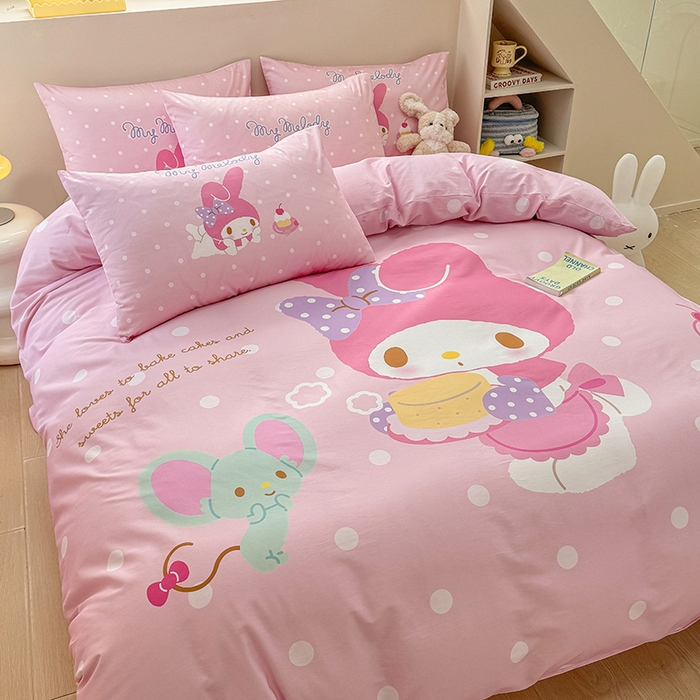 91家纺网 家纺一手货源 找家纺 玉元坊 2025新款大版三丽鸥系列全棉纯棉床单纯棉床裙三四件套简约款 甜品美乐蒂