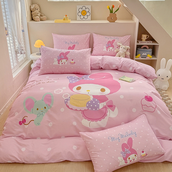 91家纺网 家纺一手货源 找家纺 玉元坊 2025新款大版三丽鸥系列全棉纯棉床单纯棉床裙三四件套简约款 甜品美乐蒂