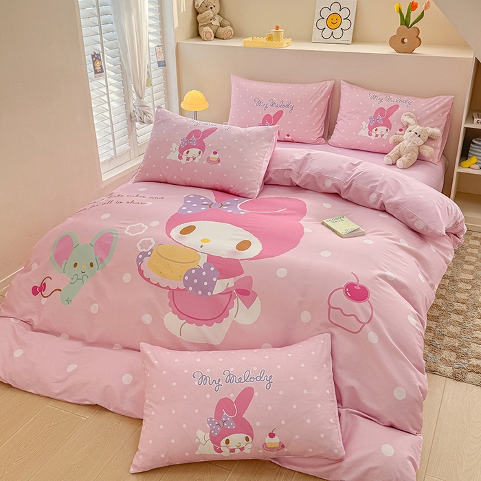 91家纺网 家纺一手货源 找家纺 玉元坊 2025新款大版三丽鸥系列全棉纯棉床单纯棉床裙三四件套简约款 甜品美乐蒂