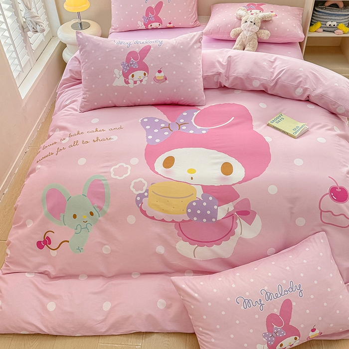 91家纺网 家纺一手货源 找家纺 玉元坊 2025新款大版三丽鸥系列全棉纯棉床单纯棉床裙三四件套简约款 甜品美乐蒂