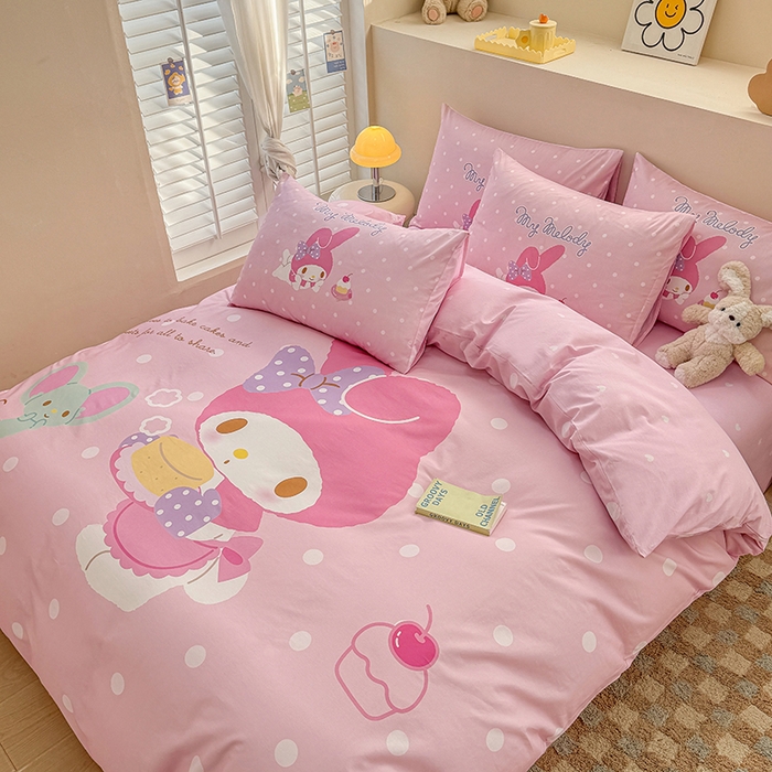 91家纺网 家纺一手货源 找家纺 玉元坊 2025新款大版三丽鸥系列全棉纯棉床单纯棉床裙三四件套简约款 甜品美乐蒂