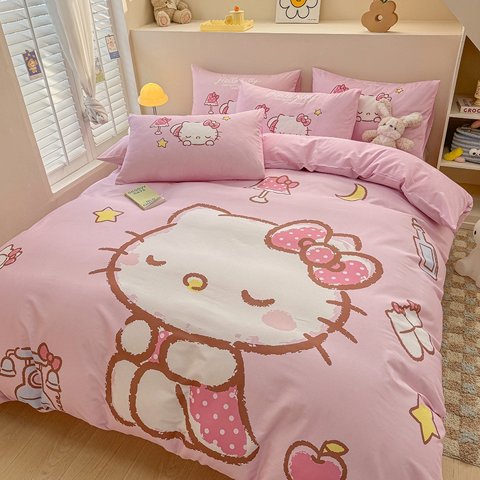 91家纺网 家纺一手货源 找家纺 玉元坊 2025新款大版三丽鸥系列全棉纯棉床单纯棉床裙三四件套简约款 晚安凯蒂