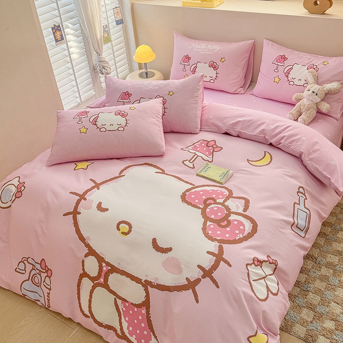 91家纺网 家纺一手货源 找家纺 玉元坊 2025新款大版三丽鸥系列全棉纯棉床单纯棉床裙三四件套简约款 晚安凯蒂