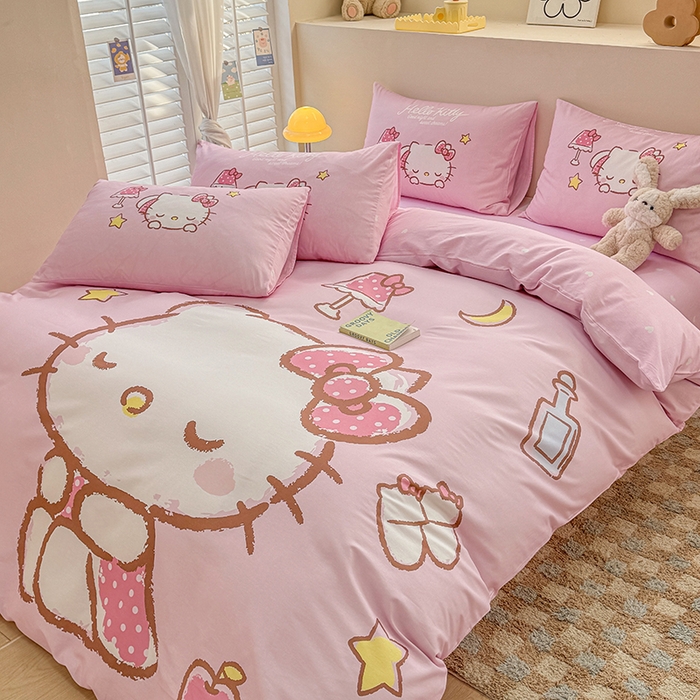 91家纺网 家纺一手货源 找家纺 玉元坊 2025新款大版三丽鸥系列全棉纯棉床单纯棉床裙三四件套简约款 晚安凯蒂