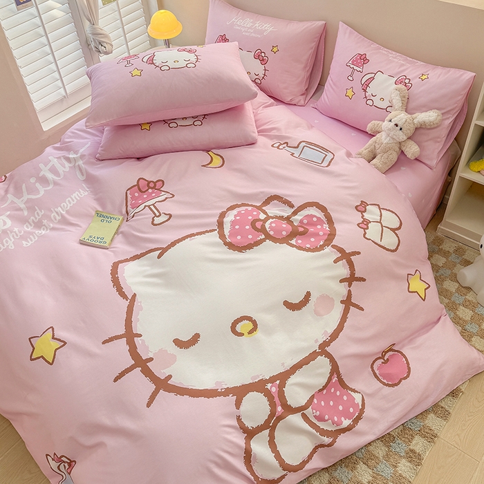 91家纺网 家纺一手货源 找家纺 玉元坊 2025新款大版三丽鸥系列全棉纯棉床单纯棉床裙三四件套简约款 晚安凯蒂