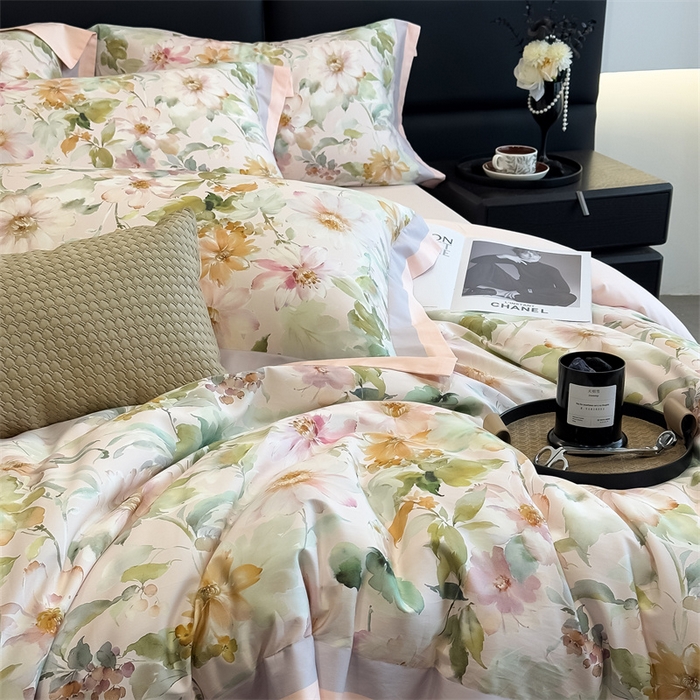 91家纺网 家纺一手货源 找家纺 朵希曼 2026新款全棉贡缎大版数码印花系列 红粉佳人