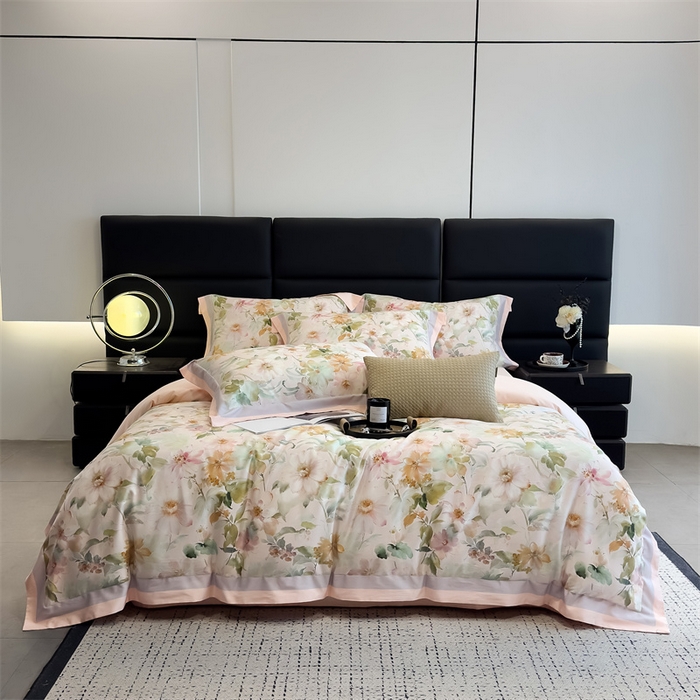 91家纺网 家纺一手货源 找家纺 朵希曼 2026新款全棉贡缎大版数码印花系列 红粉佳人