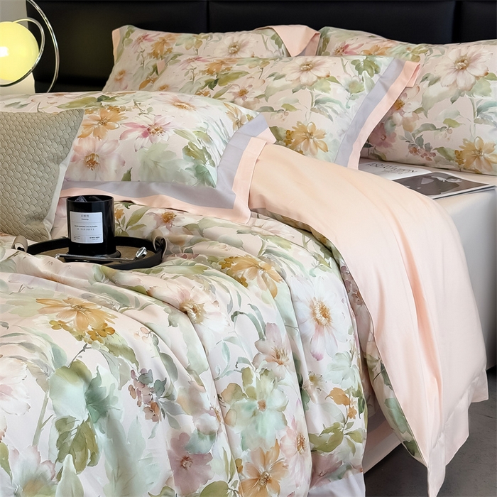 91家纺网 家纺一手货源 找家纺 朵希曼 2026新款全棉贡缎大版数码印花系列 红粉佳人