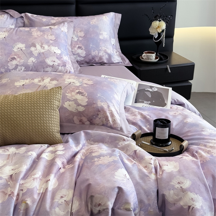 91家纺网 家纺一手货源 找家纺 朵希曼 2026新款全棉贡缎大版数码印花系列 千紫