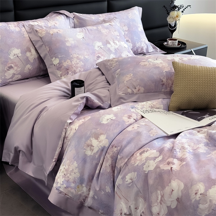 91家纺网 家纺一手货源 找家纺 朵希曼 2026新款全棉贡缎大版数码印花系列 千紫