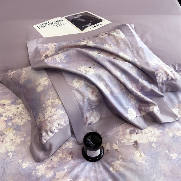 91家纺网 家纺一手货源 找家纺 朵希曼 2026新款全棉贡缎大版数码印花系列 千紫