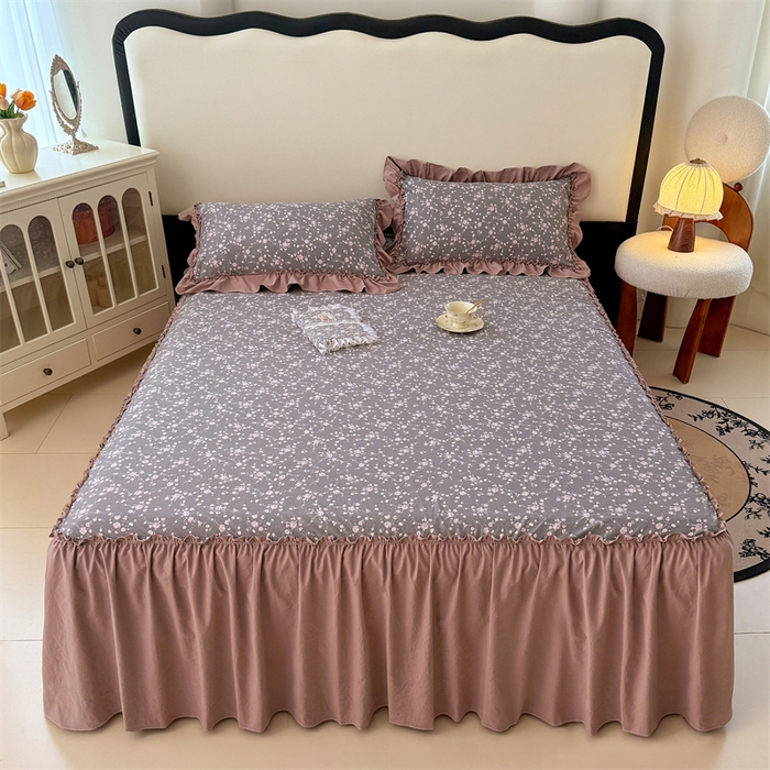 91家纺网 家纺一手货源 找家纺 梦舒羽 2025新款水洗珍珠棉单件床裙双层纱床垫保护罩三件套 玫瑰之约