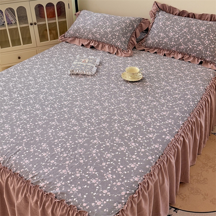 91家纺网 家纺一手货源 找家纺 梦舒羽 2025新款水洗珍珠棉单件床裙双层纱床垫保护罩三件套 玫瑰之约