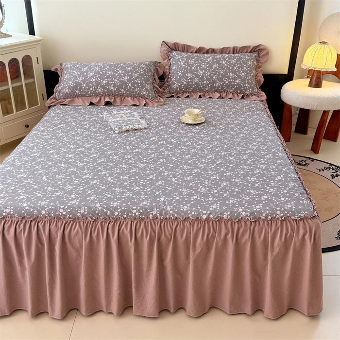 91家纺网 家纺一手货源 找家纺 梦舒羽 2025新款水洗珍珠棉单件床裙双层纱床垫保护罩三件套 玫瑰之约