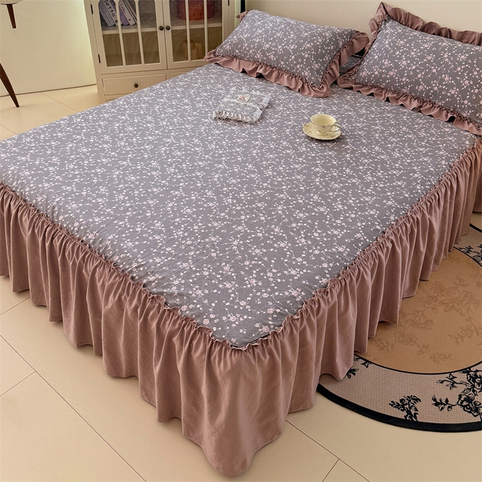 91家纺网 家纺一手货源 找家纺 梦舒羽 2025新款水洗珍珠棉单件床裙双层纱床垫保护罩三件套 玫瑰之约