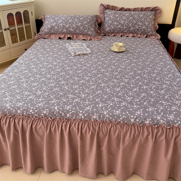 91家纺网 家纺一手货源 找家纺 梦舒羽 2025新款水洗珍珠棉单件床裙双层纱床垫保护罩三件套 玫瑰之约