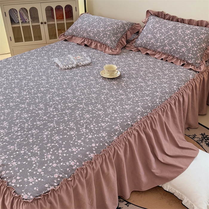 91家纺网 家纺一手货源 找家纺 梦舒羽 2025新款水洗珍珠棉单件床裙双层纱床垫保护罩三件套 玫瑰之约