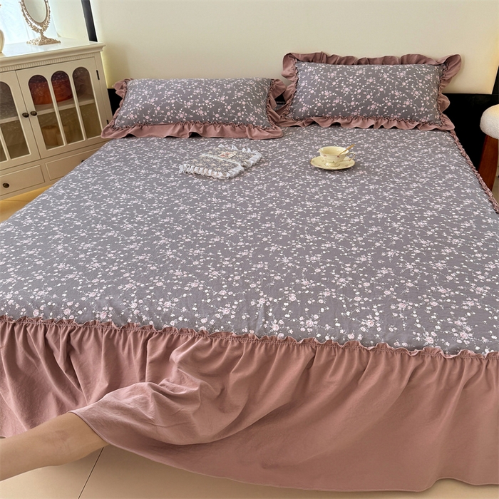 91家纺网 家纺一手货源 找家纺 梦舒羽 2025新款水洗珍珠棉单件床裙双层纱床垫保护罩三件套 玫瑰之约