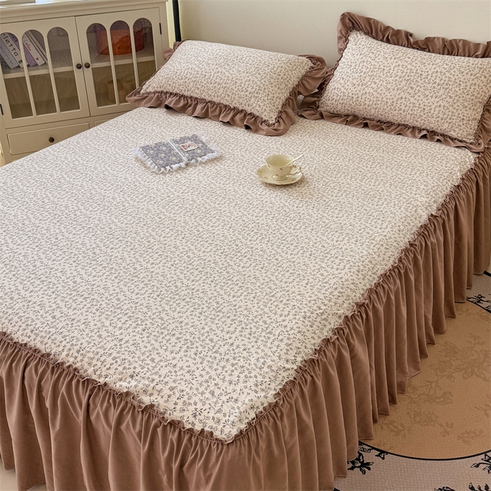 91家纺网 家纺一手货源 找家纺 梦舒羽 2025新款水洗珍珠棉单件床裙双层纱床垫保护罩三件套 柏林梦境-咖