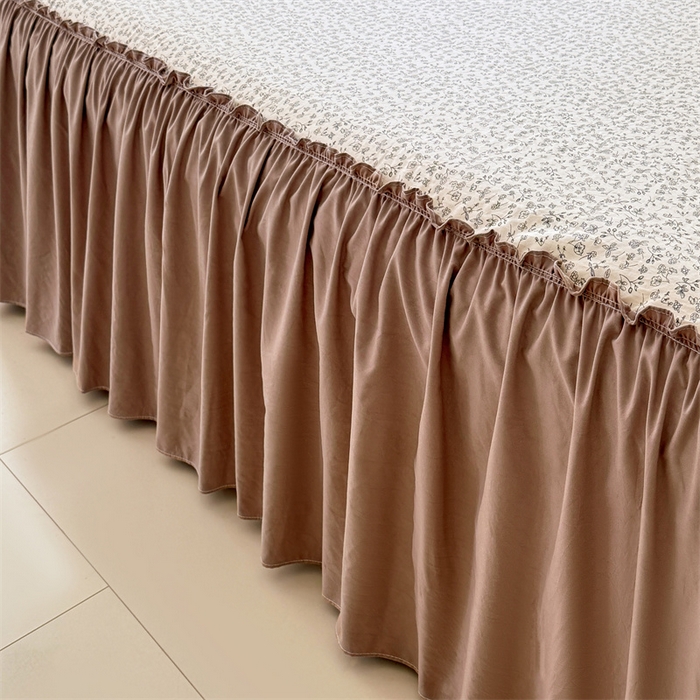 91家纺网 家纺一手货源 找家纺 梦舒羽 2025新款水洗珍珠棉单件床裙双层纱床垫保护罩三件套 柏林梦境-咖