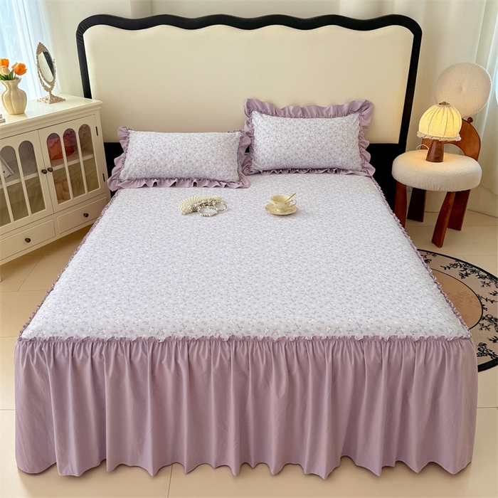 91家纺网 家纺一手货源 找家纺 梦舒羽 2025新款水洗珍珠棉单件床裙双层纱床垫保护罩三件套 花未眠-紫