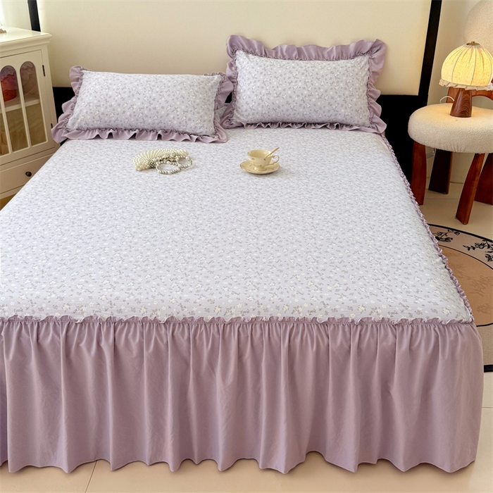 91家纺网 家纺一手货源 找家纺 梦舒羽 2025新款水洗珍珠棉单件床裙双层纱床垫保护罩三件套 花未眠-紫