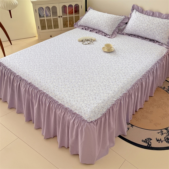 91家纺网 家纺一手货源 找家纺 梦舒羽 2025新款水洗珍珠棉单件床裙双层纱床垫保护罩三件套 花未眠-紫