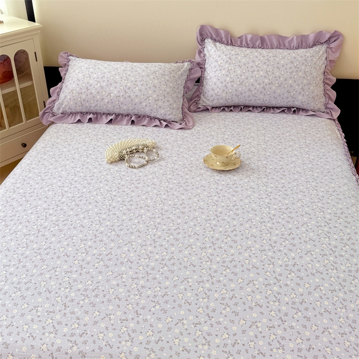 91家纺网 家纺一手货源 找家纺 梦舒羽 2025新款水洗珍珠棉单件床裙双层纱床垫保护罩三件套 花未眠-紫
