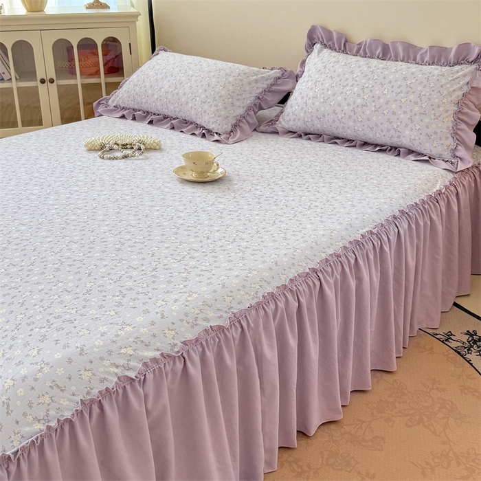 91家纺网 家纺一手货源 找家纺 梦舒羽 2025新款水洗珍珠棉单件床裙双层纱床垫保护罩三件套 花未眠-紫