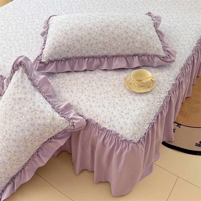 91家纺网 家纺一手货源 找家纺 梦舒羽 2025新款水洗珍珠棉单件床裙双层纱床垫保护罩三件套 花未眠-紫