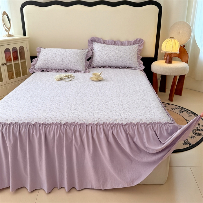 91家纺网 家纺一手货源 找家纺 梦舒羽 2025新款水洗珍珠棉单件床裙双层纱床垫保护罩三件套 花未眠-紫
