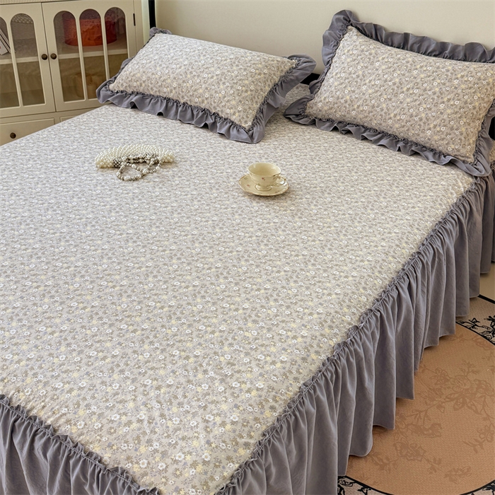 91家纺网 家纺一手货源 找家纺 梦舒羽 2025新款水洗珍珠棉单件床裙双层纱床垫保护罩三件套 花知晓