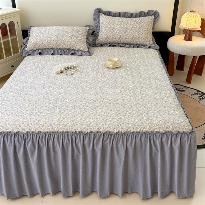 91家纺网 家纺一手货源 找家纺 梦舒羽 2025新款水洗珍珠棉单件床裙双层纱床垫保护罩三件套 花知晓