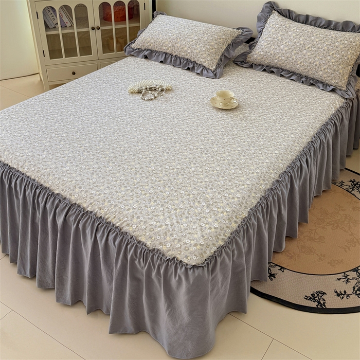 91家纺网 家纺一手货源 找家纺 梦舒羽 2025新款水洗珍珠棉单件床裙双层纱床垫保护罩三件套 花知晓