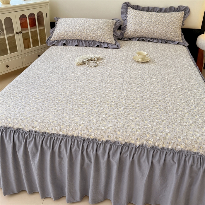 91家纺网 家纺一手货源 找家纺 梦舒羽 2025新款水洗珍珠棉单件床裙双层纱床垫保护罩三件套 花知晓