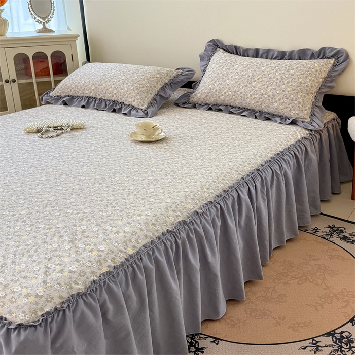91家纺网 家纺一手货源 找家纺 梦舒羽 2025新款水洗珍珠棉单件床裙双层纱床垫保护罩三件套 花知晓