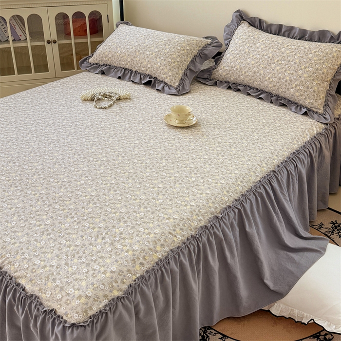 91家纺网 家纺一手货源 找家纺 梦舒羽 2025新款水洗珍珠棉单件床裙双层纱床垫保护罩三件套 花知晓