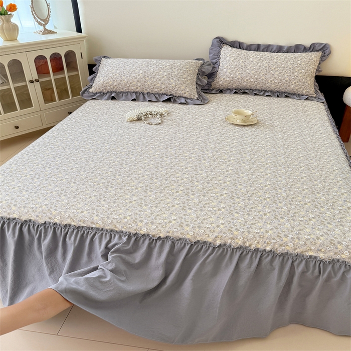 91家纺网 家纺一手货源 找家纺 梦舒羽 2025新款水洗珍珠棉单件床裙双层纱床垫保护罩三件套 花知晓