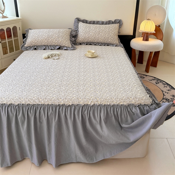 91家纺网 家纺一手货源 找家纺 梦舒羽 2025新款水洗珍珠棉单件床裙双层纱床垫保护罩三件套 花知晓