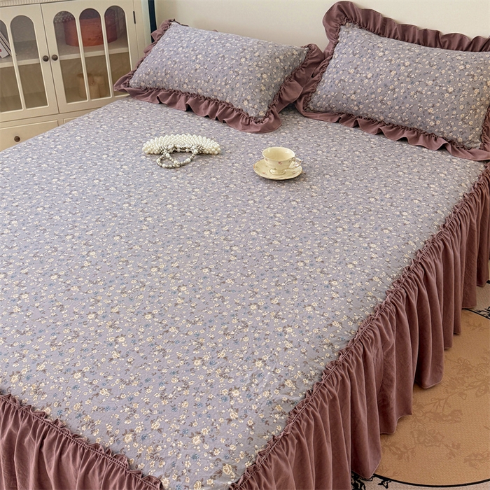 91家纺网 家纺一手货源 找家纺 梦舒羽 2025新款水洗珍珠棉单件床裙双层纱床垫保护罩三件套 蓝相思