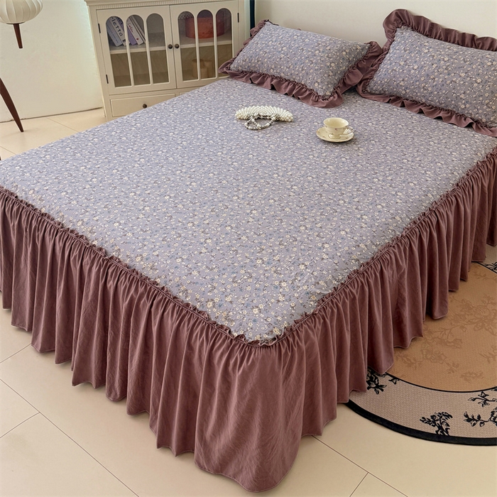 91家纺网 家纺一手货源 找家纺 梦舒羽 2025新款水洗珍珠棉单件床裙双层纱床垫保护罩三件套 蓝相思