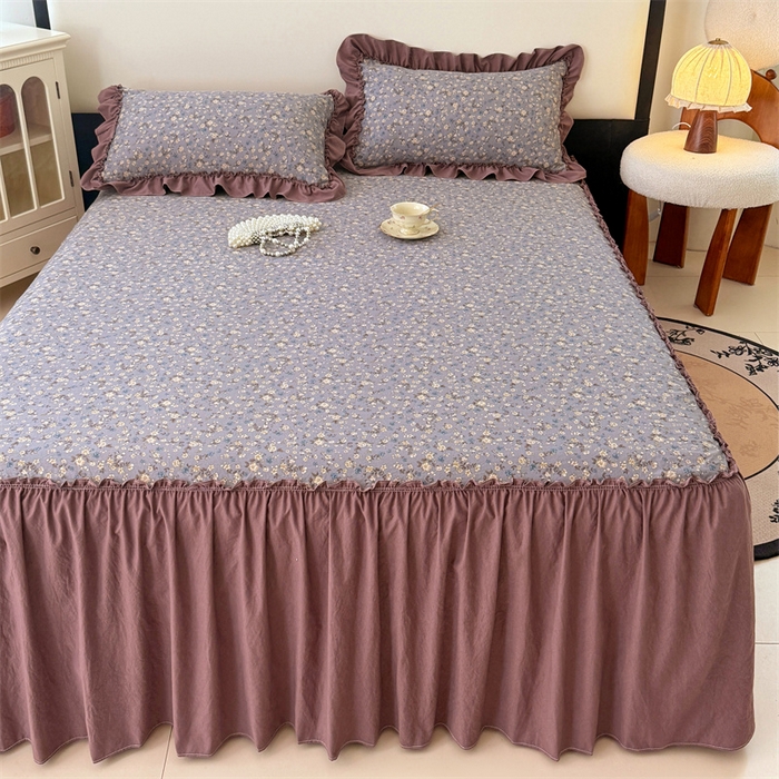 91家纺网 家纺一手货源 找家纺 梦舒羽 2025新款水洗珍珠棉单件床裙双层纱床垫保护罩三件套 蓝相思