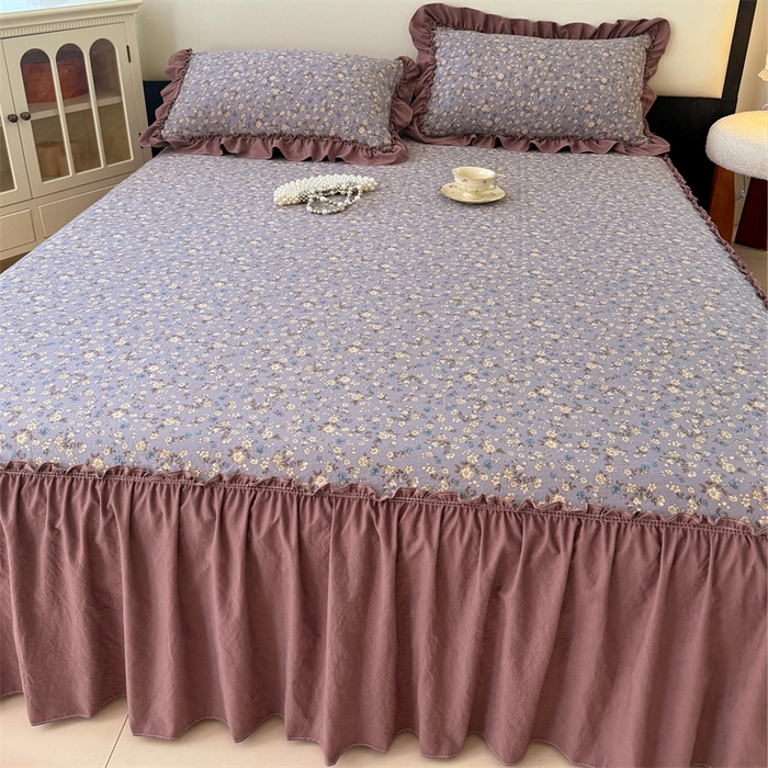 91家纺网 家纺一手货源 找家纺 梦舒羽 2025新款水洗珍珠棉单件床裙双层纱床垫保护罩三件套 蓝相思