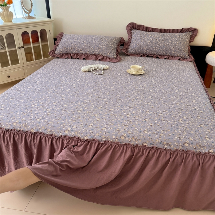 91家纺网 家纺一手货源 找家纺 梦舒羽 2025新款水洗珍珠棉单件床裙双层纱床垫保护罩三件套 蓝相思