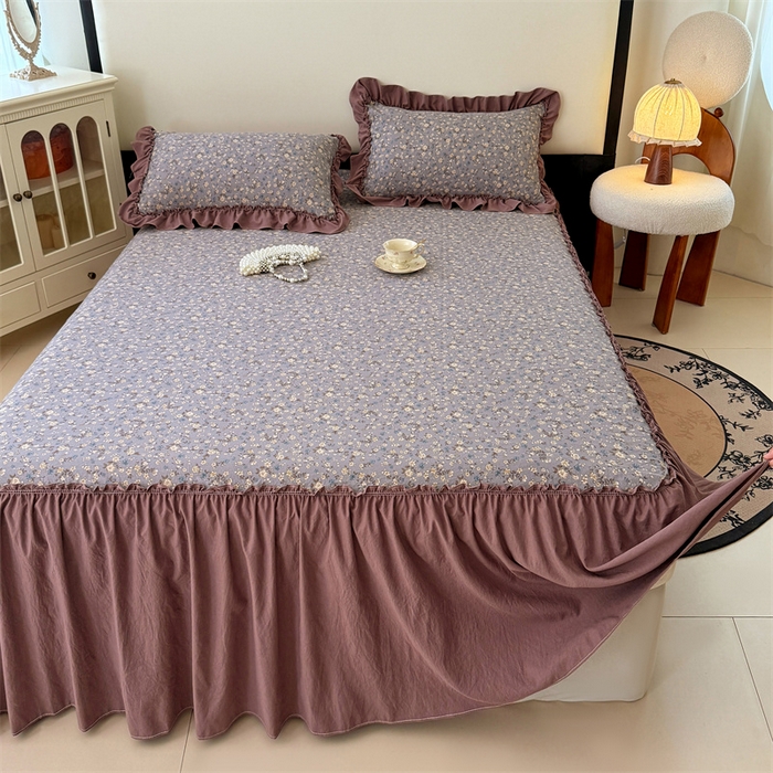 91家纺网 家纺一手货源 找家纺 梦舒羽 2025新款水洗珍珠棉单件床裙双层纱床垫保护罩三件套 蓝相思