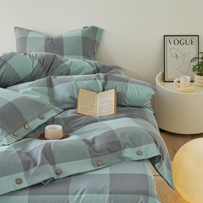 91家纺网 家纺一手货源 找家纺 贝尔 PELLHOME 全棉色织水洗棉格子单被套（可抖音代发） 灰绿大格