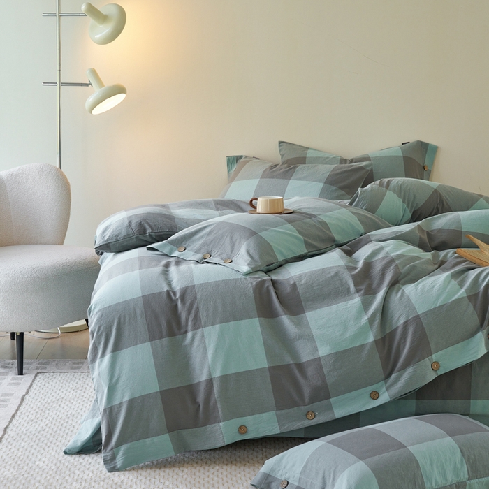 91家纺网 家纺一手货源 找家纺 贝尔 PELLHOME 全棉色织水洗棉格子单被套（可抖音代发） 灰绿大格