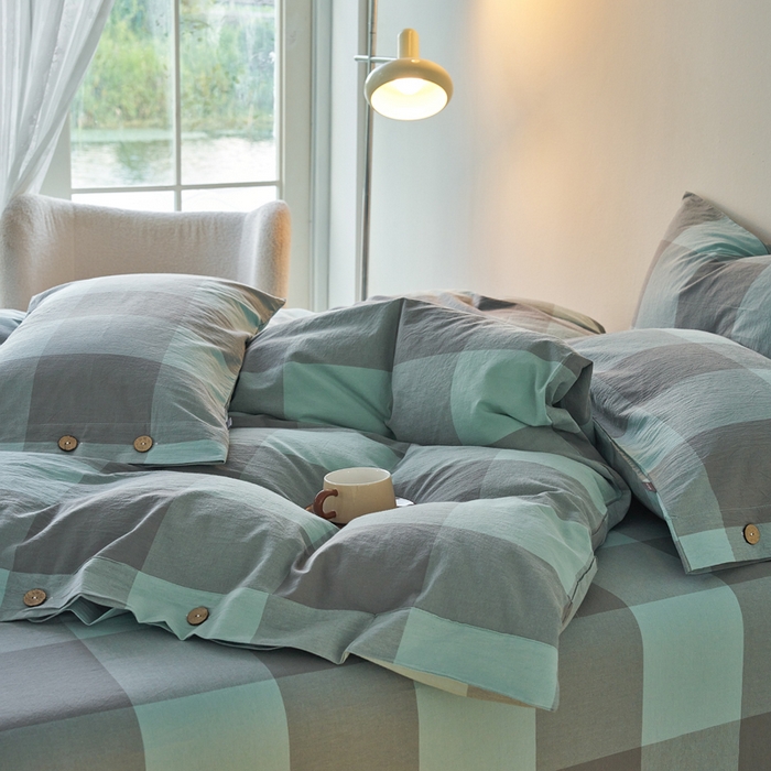 91家纺网 家纺一手货源 找家纺 贝尔 PELLHOME 全棉色织水洗棉格子单被套（可抖音代发） 灰绿大格