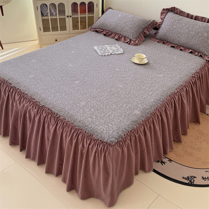 91家纺网 家纺一手货源 找家纺 梦舒羽 2025新款水洗珍珠棉单件床裙双层纱床垫保护罩三件套 墨染芳华